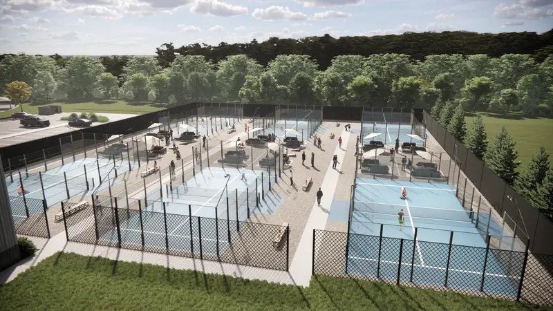 Aerial rendering of the outdoor court area behind the club building