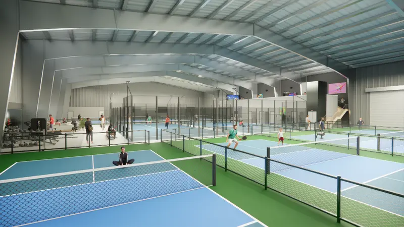 Rendering of the indoor pickleball courts under the club roof