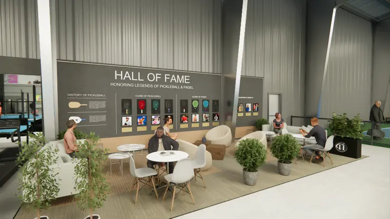 Rendering of the Hall of Fame wall with a seating area in front of it