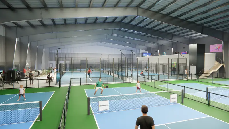 Rendering of players on indoor courts at Open Play