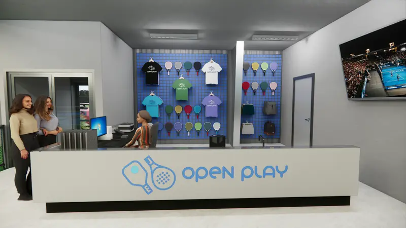 Rendering of the club lobby and front desk with the Open Play logo