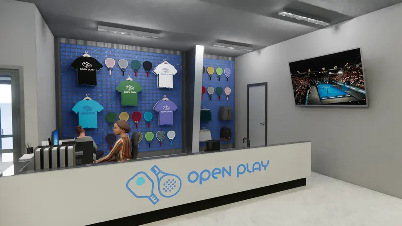 Rendering of the pro shop wall with paddles and apparel behind the front desk