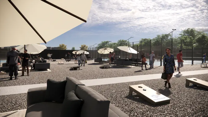 Rendering of the outdoor social area with lounge seating, umbrellas, and lawn games